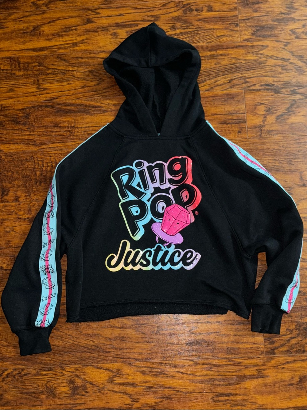 Justice Ring Pop Graphic Hoodie Black Sweatshirt Rainbow Sleeve Stripe Girls Y2K